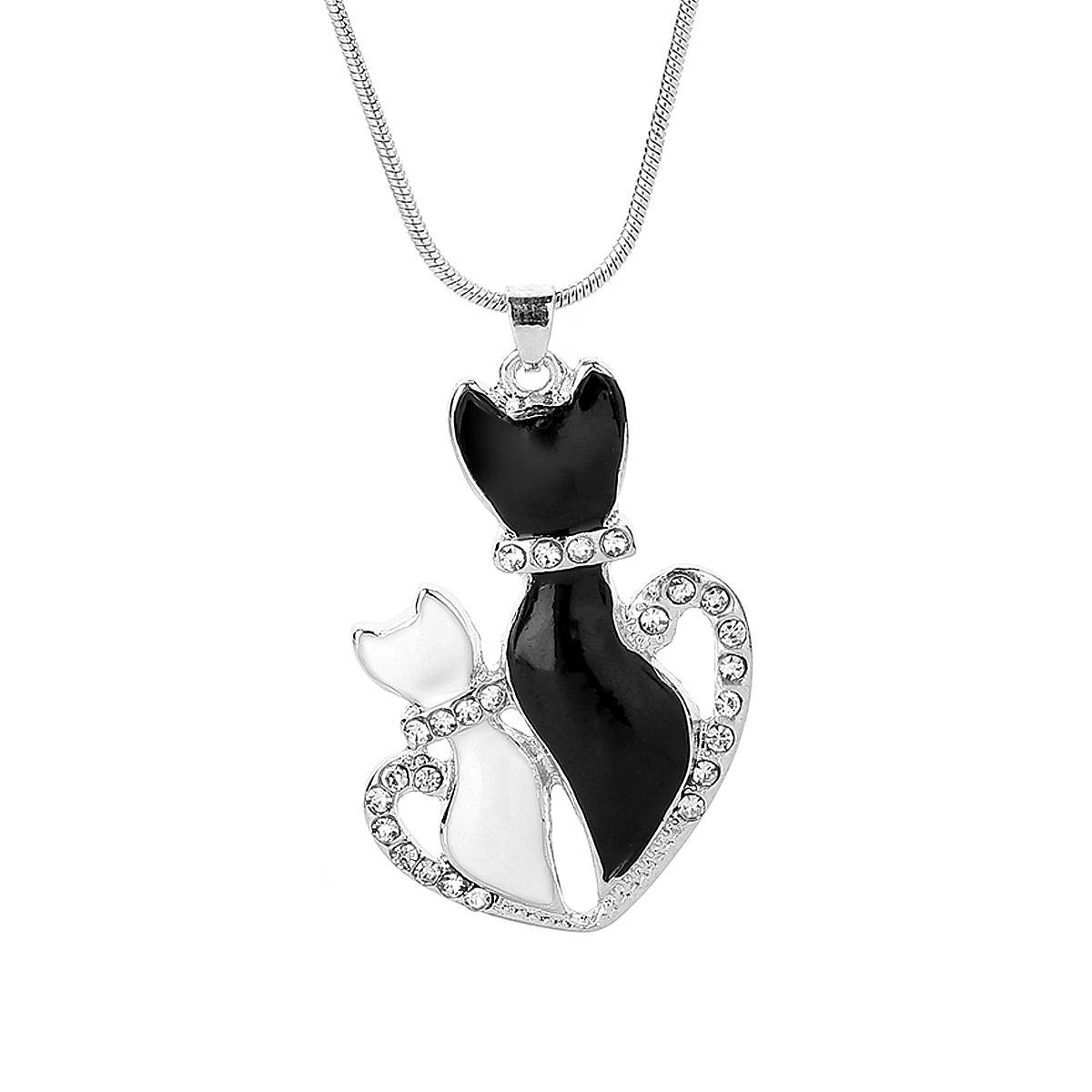 Ожерелье с сердечком, белое, черное, с кошкой, очаровательное, с кристаллами, серебряная, длинная цепочка для женщин, свадебные украшения, ожерелье с милым животным, колье для женщин