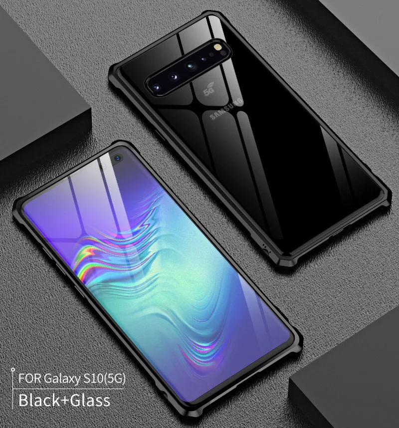

For Samsung Galaxy S10 5G Bumper S105G Case Aluminum Metal Frame Bumper with Clear Tempered Glass Back Cover for Samsung S10 5G