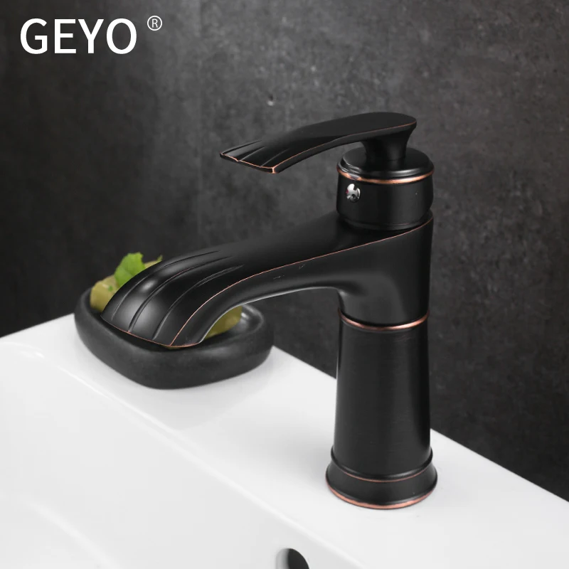 GEYO Antique Kitchen Black Copper Bathroom Faucets Basin Faucets Brass OilRubbed Bronze Faucet Bathroom Shower Hot Cold MixerTap