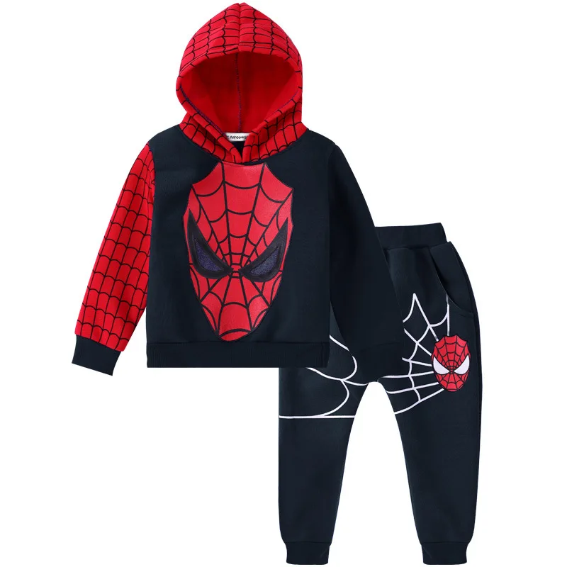 2018 Демисезонный для мальчиков с человеком-пауком комплекты детские спортивные пальто с капюшоном + брюки Костюмы из двух частей Детская