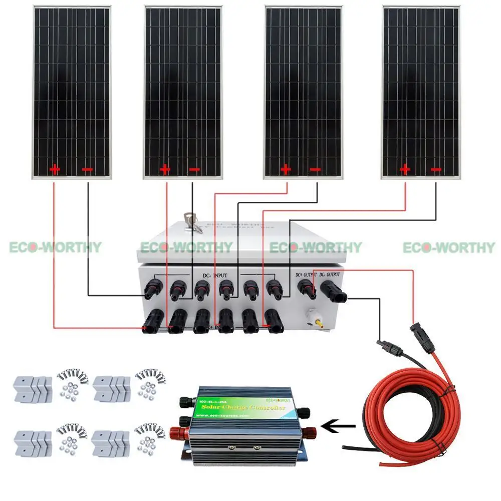 400W 4x 100W 12V PV Solar Panel with 45A Controller 6 String Combiner Box Solar Generators