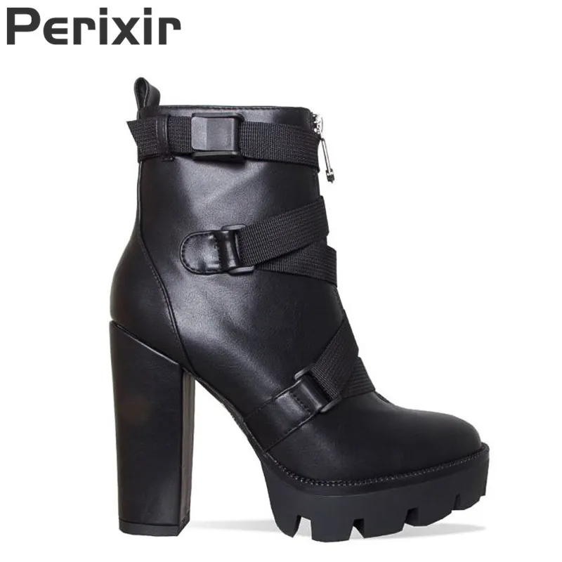 Женские ботинки на платформе Perixir черные ботильоны из мягкой кожи шнуровке