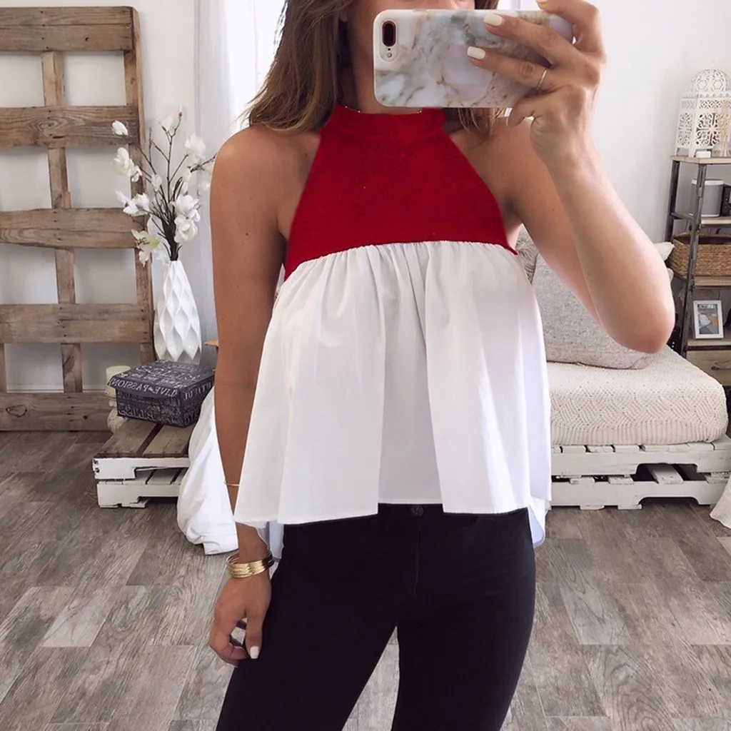 

2019 Summer Tank Top Women Halter Patchwork Vest Loose Sleeveless Loose O-Neck Stretch Soft Daily Casual Flared Beach Tops