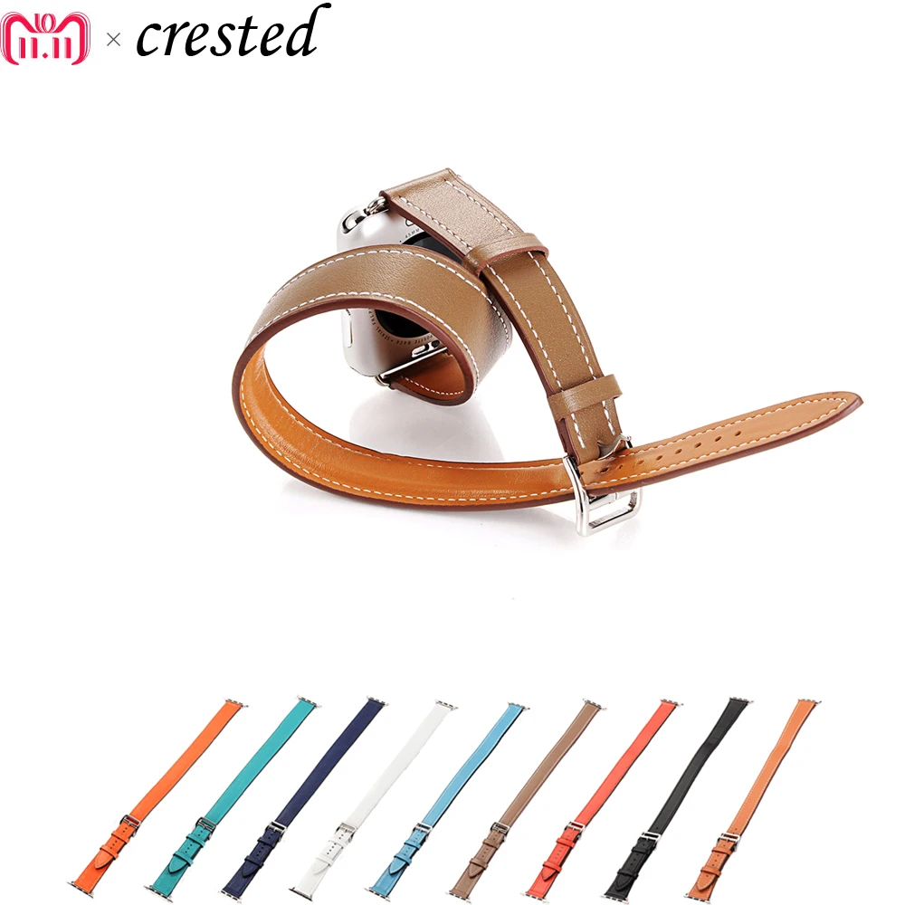 Double tour for Apple watch band 44mm 40mm 45mm 41mm 42mm 38mm Genuine Leather correa bracelet iWatch series 3 4 5 se 6 7 strap