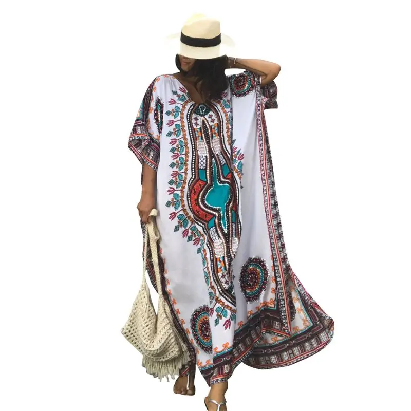 Women Vacation Deep V-Neck Kaftan Swimsuit Cover Up Ethnic Colored Geometric Floral Printed Beach Maxi Dress Oversized Long Robe
