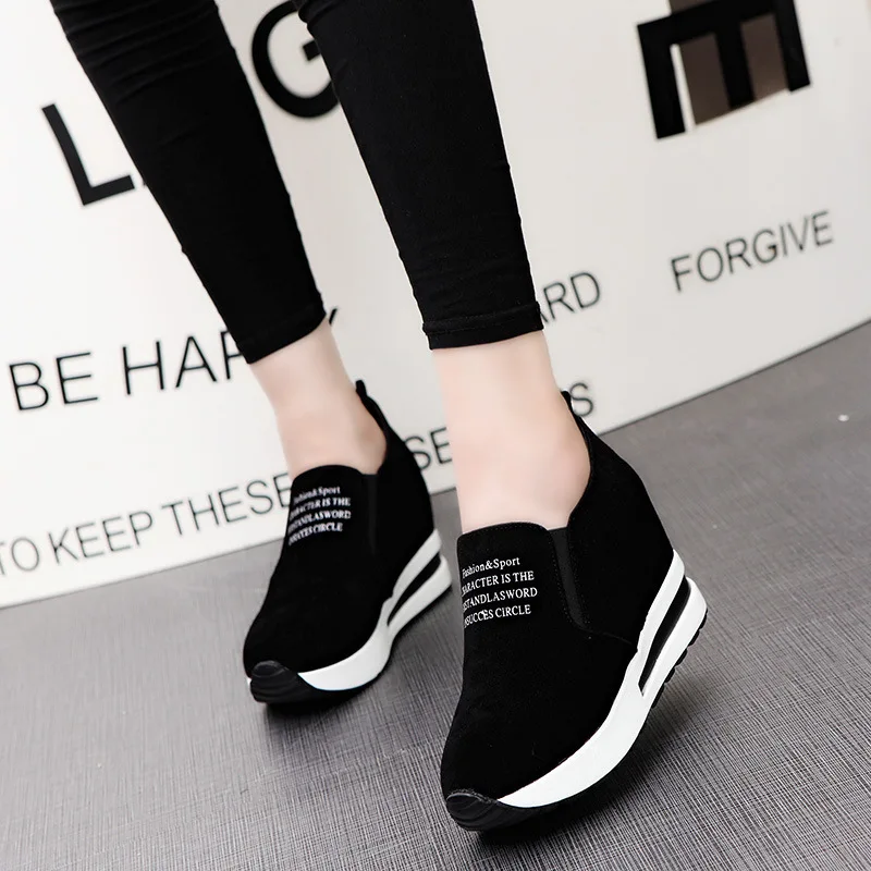 

2019 Flock High Heel Lady Casual Shoes Wedges Women Sneakers Leisure Platform Shoes Breathable Increasing Slip on Footwear