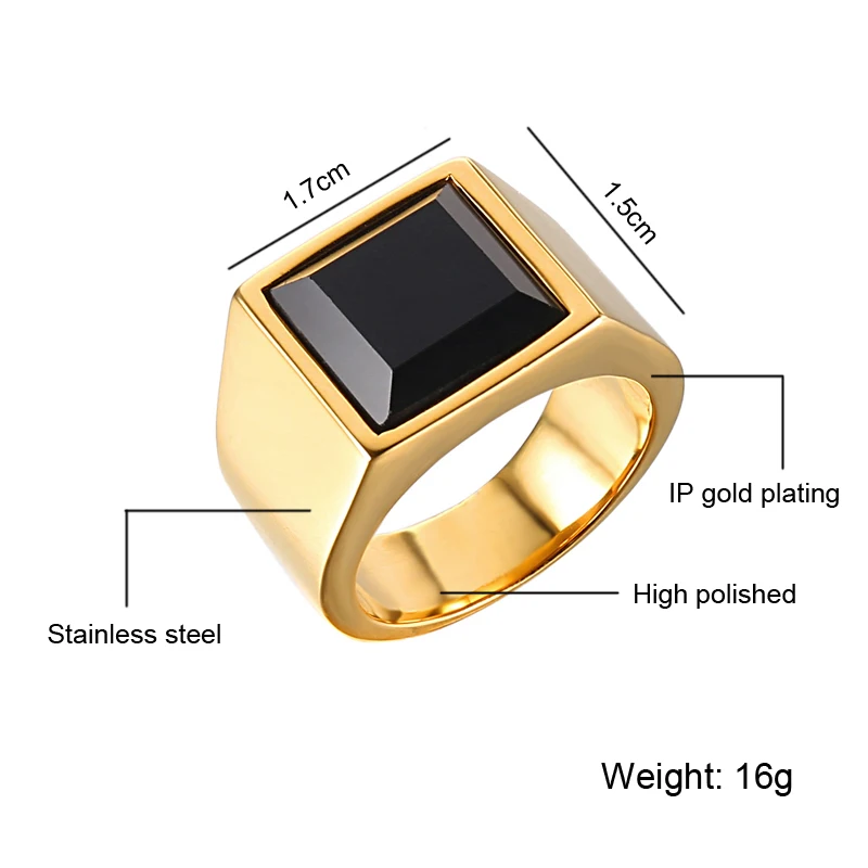 US7 Stainless Steel Square Stone Ring Men Biker Punk Rock Finger Obsidian Natural Stone men rings Titanium Street Jewelry Gift