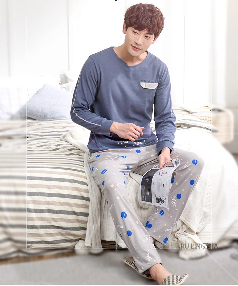 Мужские весенние и осенние штаны с длинными рукавами хлопковые корейские Пижамы 2019 новые домашние мужские Пижамные наборы пижамы мужские s