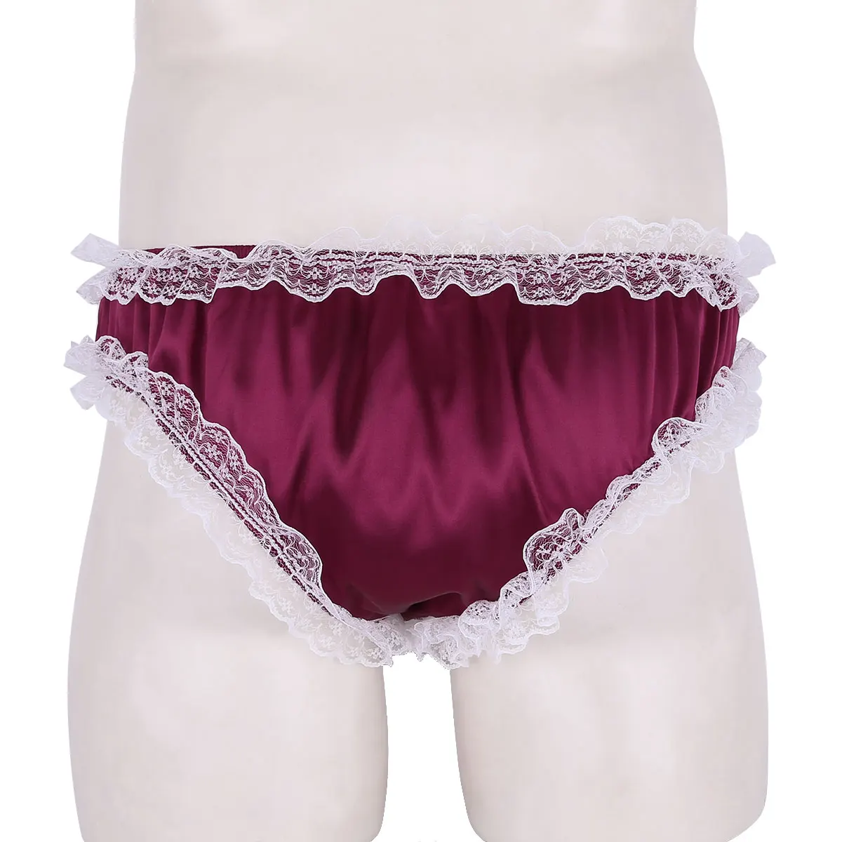 Satin Frilly Panties with Ruffled Floral Lace - Low Rise, Stretchy, Men's Shiny Lingerie image 5