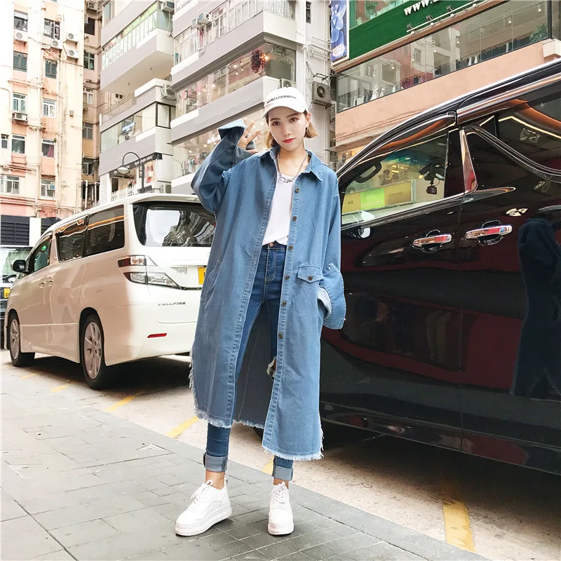 

Fashion Office Lady Long Denim Trench Coat for Women Bat Sleeved Ladies Long Windbreaker Full Sleeve Solid Designer Fall Coat
