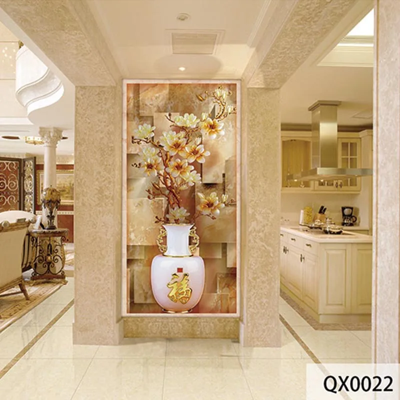 

QINGCHUN Custom Fabric & Textile Wallcoverings Wall Cloth Jade Chinese Vase Flower Matt Silk Entrance Hallway Corridor Backdrop