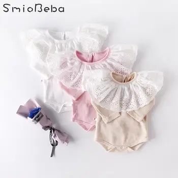 

Ins Fall 2019 New Girl Rompers Baby Big Lace Collar Bottom-up Hat-shirt Baby Cotton Long Sleeve Joint Climbing Jumpsuit Suit Kid