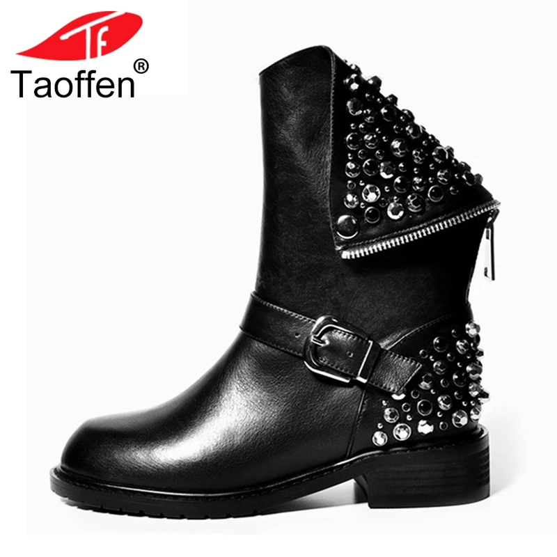 

Taoffen Real Genuine Leather Boots Rivet Square Heel Winter Ankle Boots Sexy Motorcycle Snow Boots Shoes Woman Size 34-43