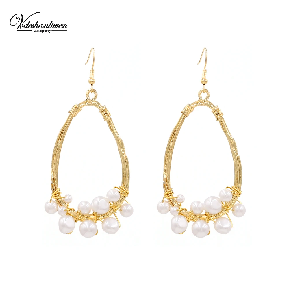 Vodeshanliwen Fashion Bohemian Water Drop Metal Twine Pearl Earrings For Women Vintage Statement Big 2019 New Jewelry | Украшения и