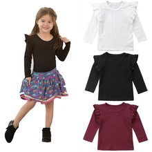 Детская Хлопковая футболка с летящими рукавами для девочек Новая футболка для маленьких девочек, топы, пуловер, блузка Футболка с длинными рукавами, одежда От 0 до 5 лет