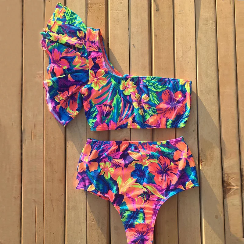 

Flamingo print bikini set Push up woman swimsuit with Ruffle One shoulder swimwear women Fashion Summer beach wear Sexy bathers