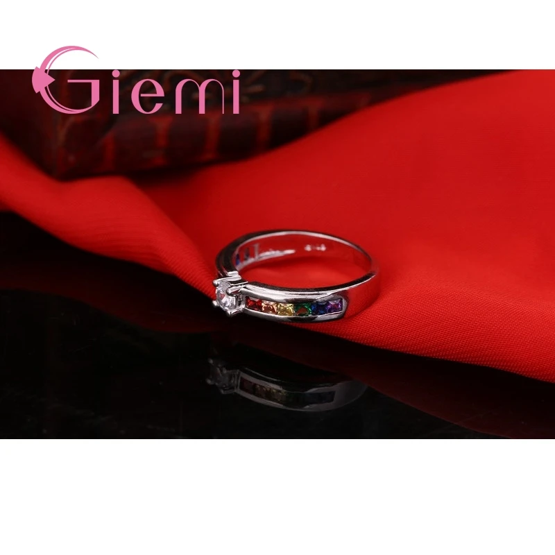 New Arrival Colorful Rainbow Crystal 925 Sterling Silver Band Ring for Women Female Party Wedding Engagement Jewelry