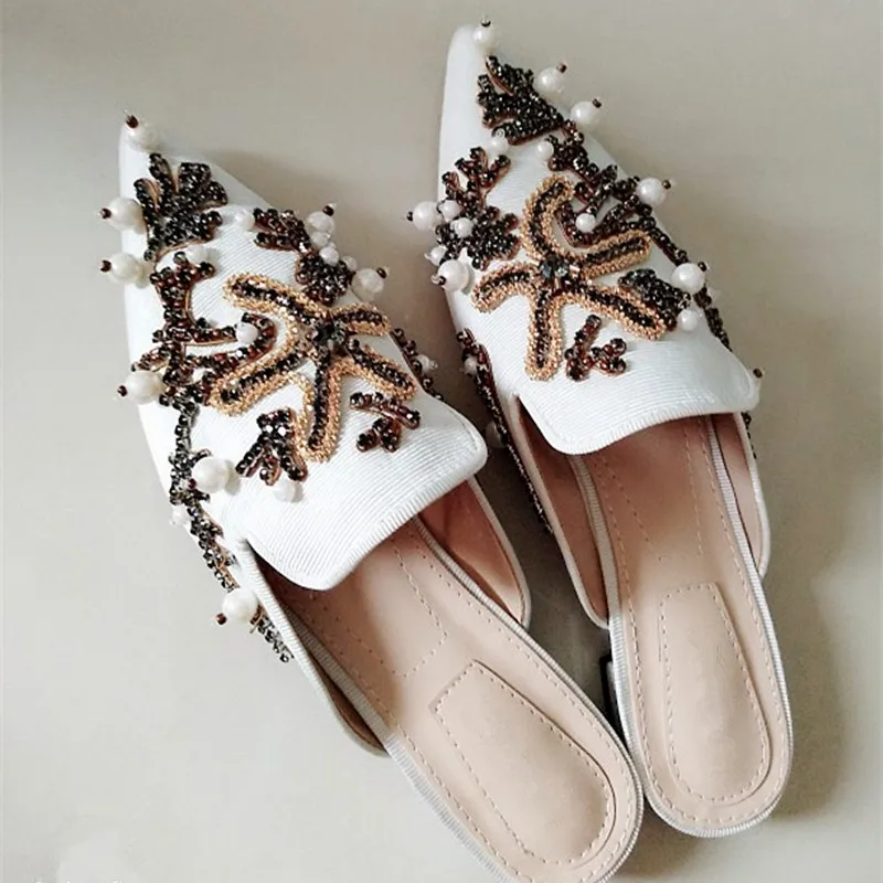 

Casidueho Spring Women Slippers Embroidery Leather Slides Slip On Gladiator Sandals Women Pointed Toe Crystal Flip Flops Slipper