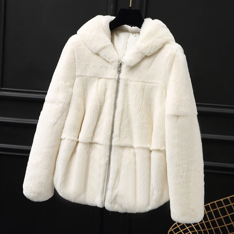 white Новая зимняя модная женская шуба из кролика рекс с капюшоном - Цвет: white