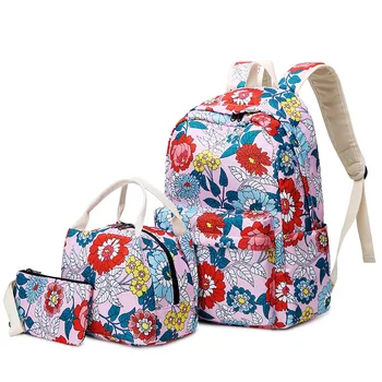 

Fashion 3pcs/set girls flower printing school backpack set kids black floral travel backpack school bags for teenage girls