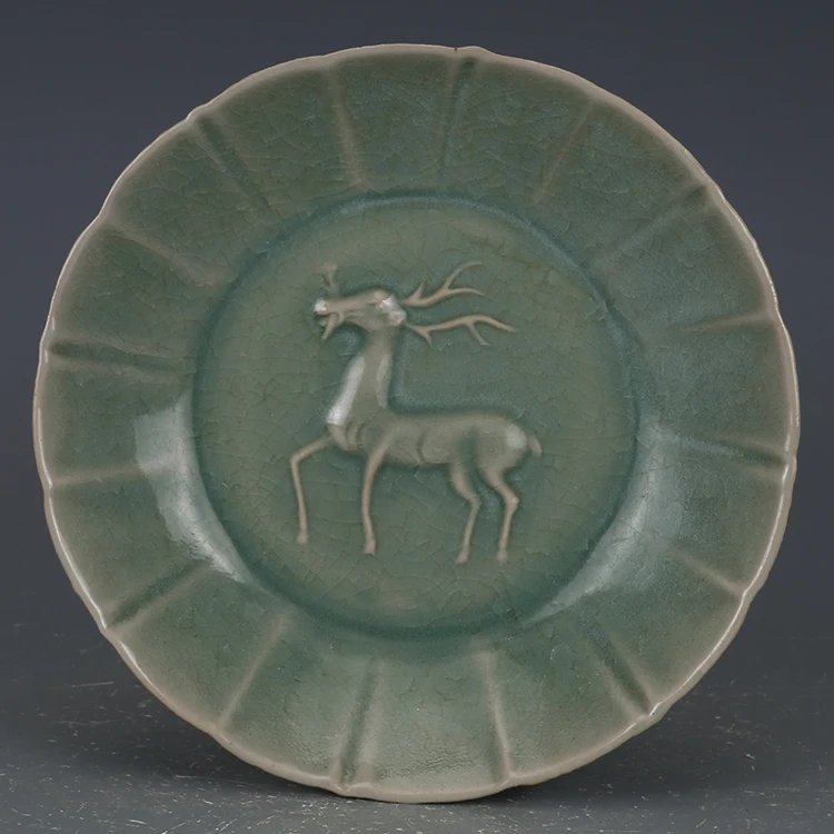 

Rare SongDynasty porcelain bowl,Ru kiln owder green glaze deer plate, best collection & adornment, Free shipping
