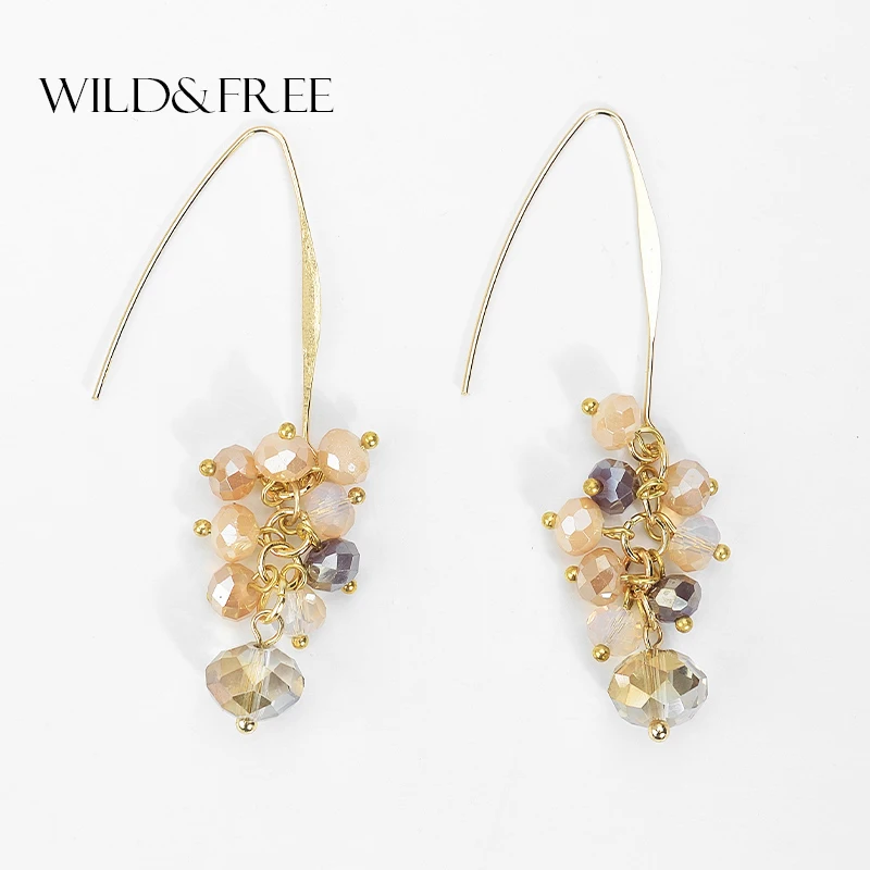 Wild&Free Vintage Crystal Beads Dangle Drop Earrings For Women Girl Gold Hook Long Earrings Romantic Wedding Jewelry Gift