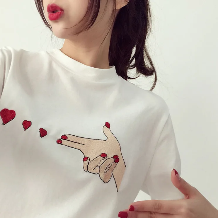 

U-SWEAR White T-Shirt Women Summer Short Sleeve Casual Tee Shirt Lovely Finger Heart Printing Female Kawaii T-shirts Blusa Tops