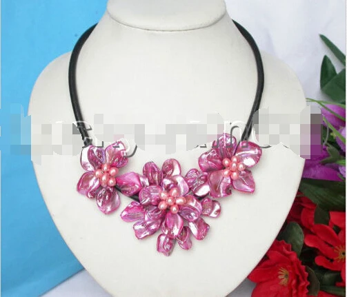 

handcraft bloom peach seashell pink pearls choker leather necklace e1262