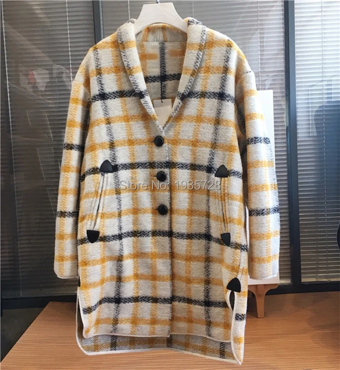 Poches Longues Plaid Automne 2018 Avec Jaune Mode Gabrie Blanc V Rouge Manteau Laine Poitrine Unique Manches Femme Col BHBTSqw