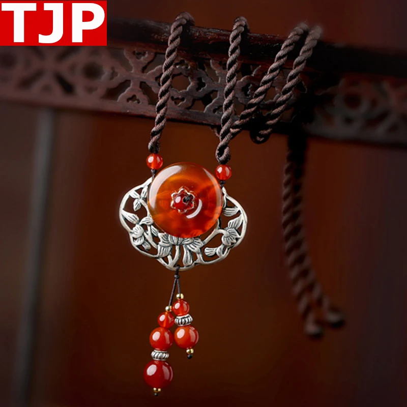 

925 Silver Pendant Clavicle Chain National Wind Agate Wild Retro Simple Personality Necklace Short Women