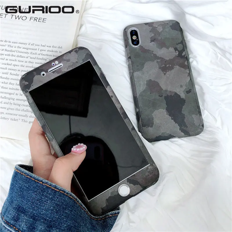 

360 Full Cover Protection Case For iPhone X XR XS Max 7 8 6 6s Plus 5 5S SE Camouflage Camo Hard Case With Free Glass Film Funda