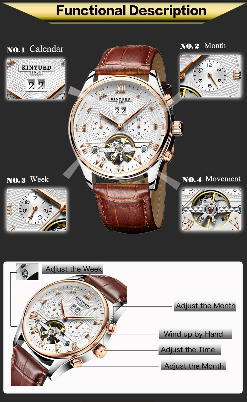 KINYUED Mens Skeleton Tourbillon Mechanical Watch Automatic Classic Rose Gold Leather Mechanical Wrist Watch White