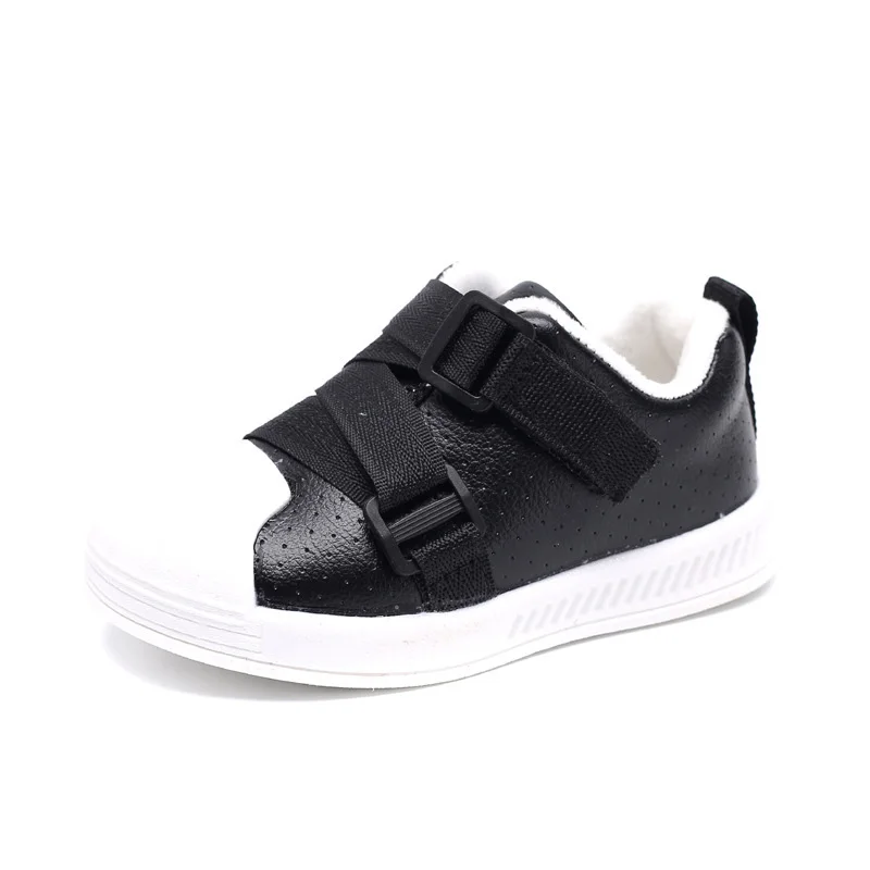 JUSTSL/Детская Хлопковая обувь с круглым носком зимняя спортивная обувь для детей и мальчиков, теплые модные бархатные кроссовки размер 21-30 - Цвет: Черный