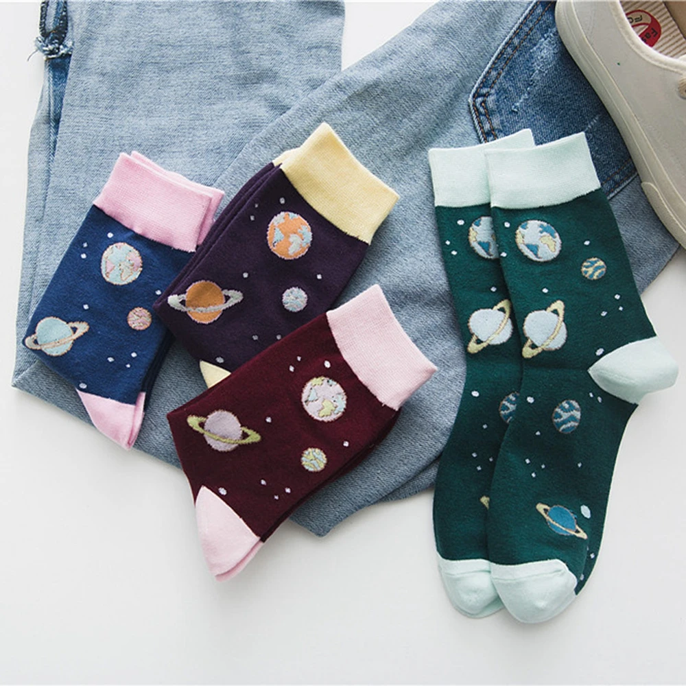 

New Women Autumn Art Cartoon Planet Creative Crew Cute Funny Socks Abstract Jacquard Painting Characters Hip Hop Fashion Socks