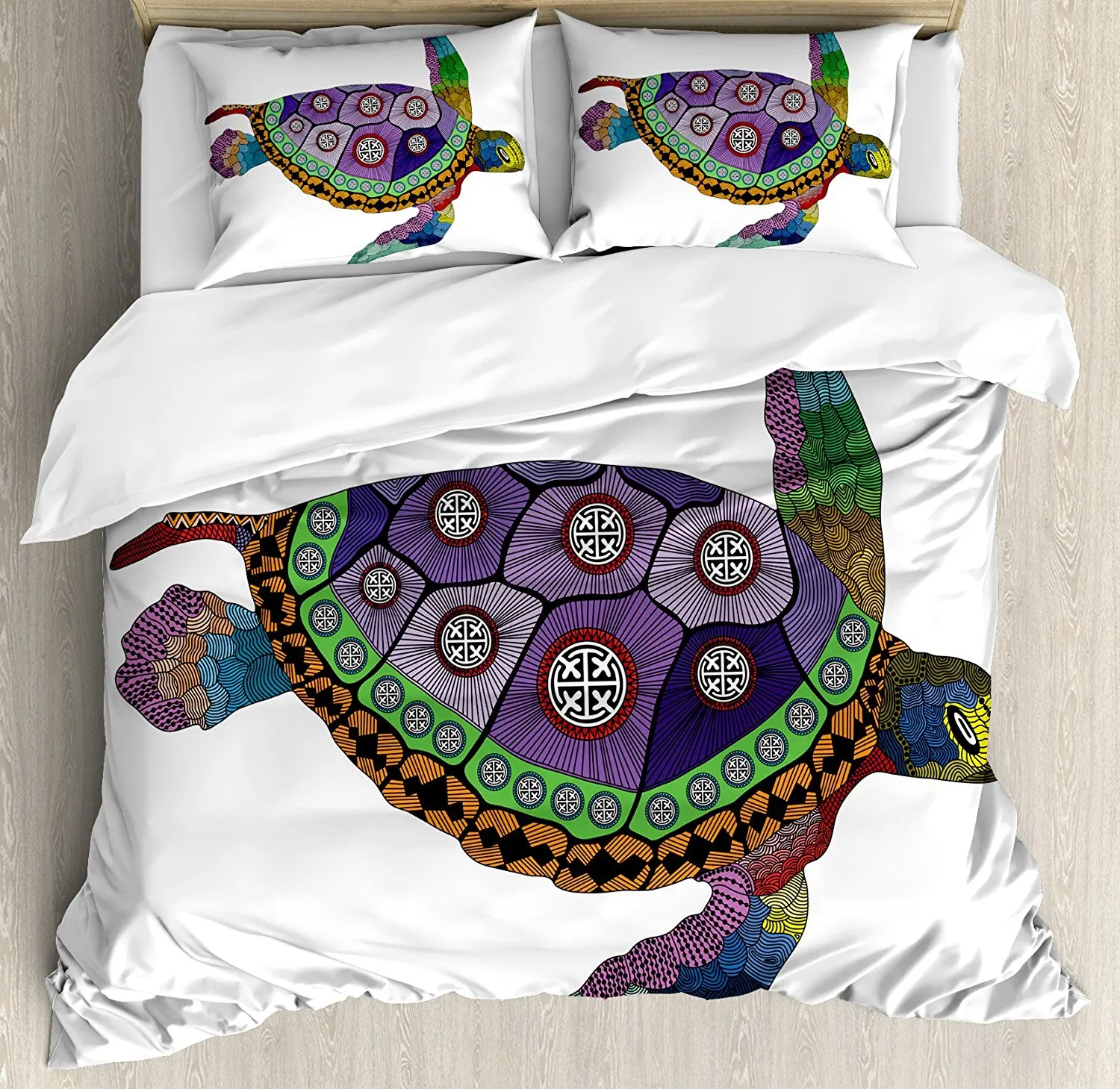 

Psychedelic Decor Duvet Cover Set Sea Turtle with Colorful Ornamental Tattoos on Animal Art 4 Piece Bedding Set