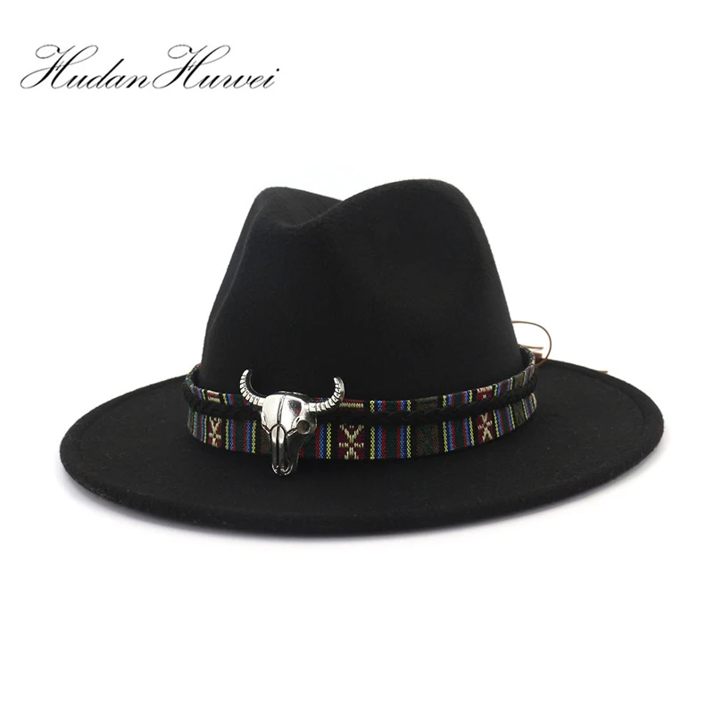 Unisex Wide Brim Woolen Felt Fedoras Hat Soft Top Hat Classic Jazz Hat with Belt Rivet Decoration