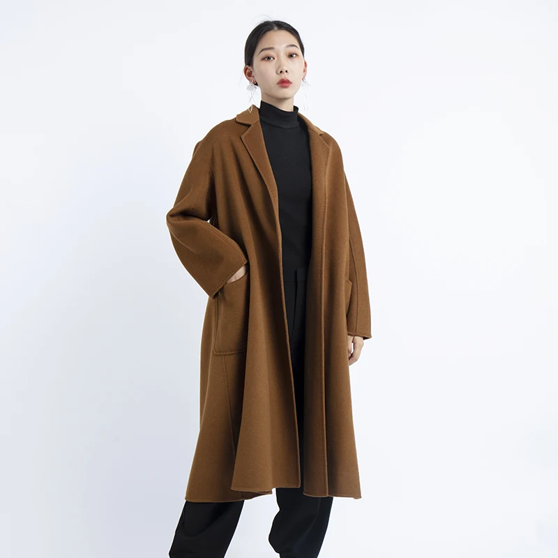 

2019 Spring Autumn Winter Casual coat women loose plus size Wide Lapel Belt Pocket wool coat long style outwear clothes