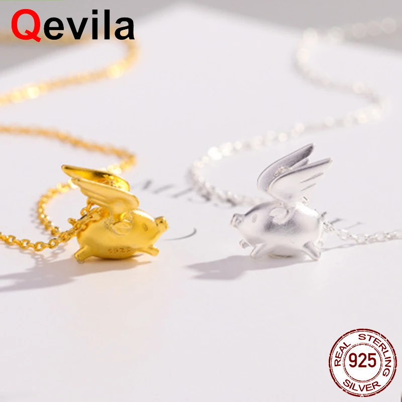 

Qevila Hot Fashion Original Design Lovely Flying Pig Necklace Pendant 925 Sterling Silver Gold for Women Couple Unique Gift Boho