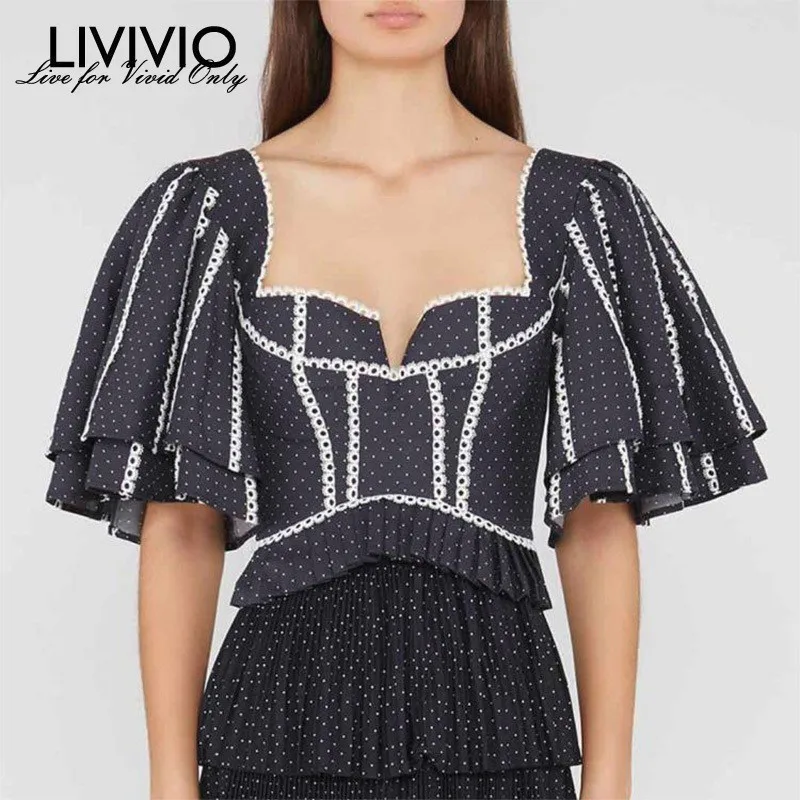 

[LIVIVIO] Polka Dot Crop Tops Female Irregular Collar Half Sleeve T-shirts Female Large Sizes 2019 Spring Sexy Fashion New
