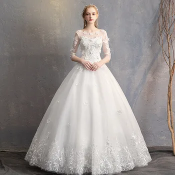 

Cheap Ball Gowns cap sleeve Off White Tulle Wedding Dresses 2019 Half sleeve Flowers Bridal Dress Marriage Customer Made Size