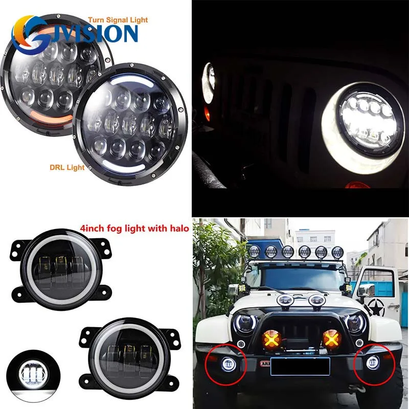 

7 INCH LED 12V/24V 105W Headlight DRL High/Low Beam Headlamp And 4'' Led Fog Light White Halo Angel Eyes For Jeep Wrangler JK