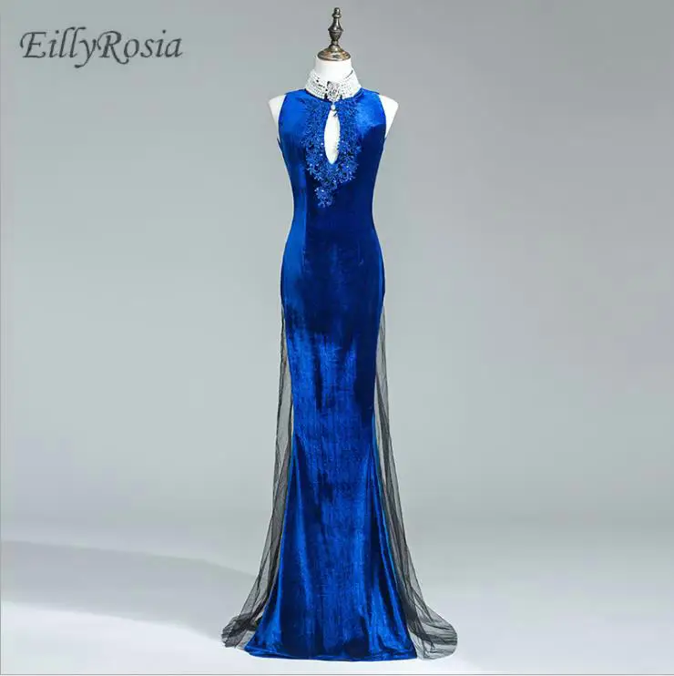 royal blue Королевское синее платье с высоким воротом для матери невесты для свадебной вечеринки с жемчугом с аппликацией и юбкой-годе, бархатное Новогоднее вечернее платье - Цвет: royal blue