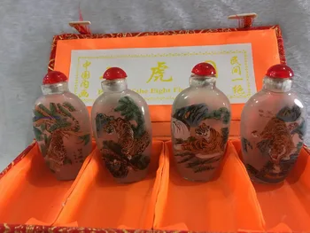 

4pc Chinese collection antique Eight tiger painting glass SNUFF BOTTLE-painting home decoration SNUFF BOTTLE