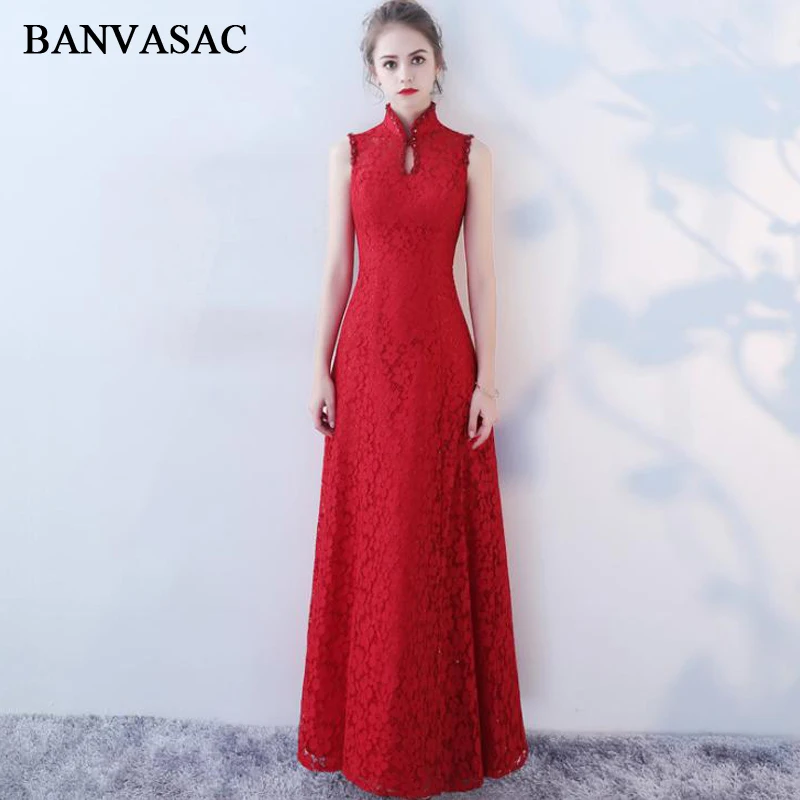 

BANVASAC 2018 Crystal High Neck Beading A Line Long Evening Dresses Elegant Lace Embroidery Open Back Party Prom Gowns