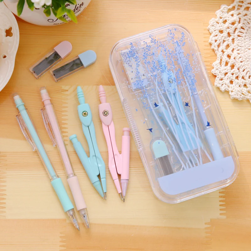 Cute Compasses Drawing Tools Set With Ruler Eraser Mechanical Pencil And Refill Korean Stationery Office School Supplies