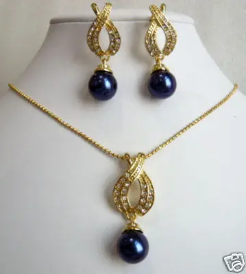 Genuine lady Women bridal jewelry Women's Fashion lady Jewellery Women BLACK SHELL PEARL NECKLACE EARRING SET