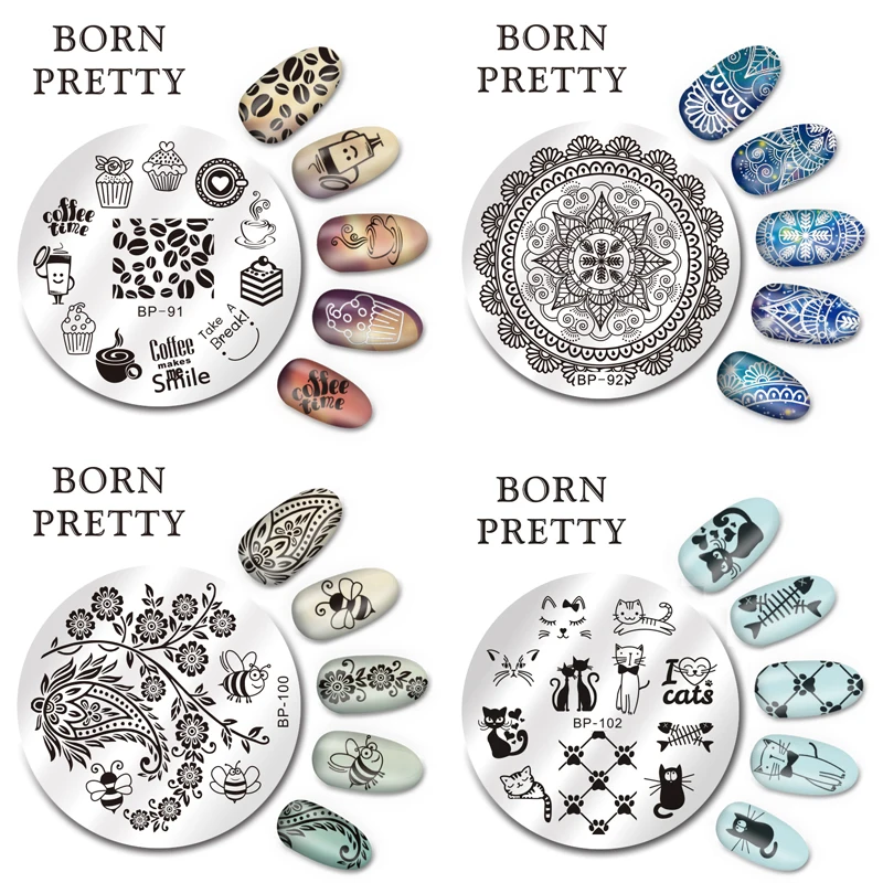 BORN PRETTY 5.5cm Round Nail Art Stamp Stamping Plates Template Set Cute Animal Flower Rose Lace Image Manicure Plate BP91-110