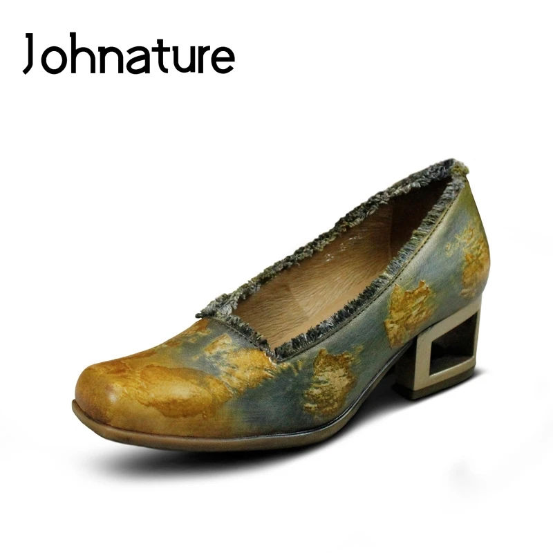 

Johnature 2019 New Spring/autumn Retro Breathable Genuine Leather Square Toe Fretwork Heels Casual Shallow Women Shoes Pumps