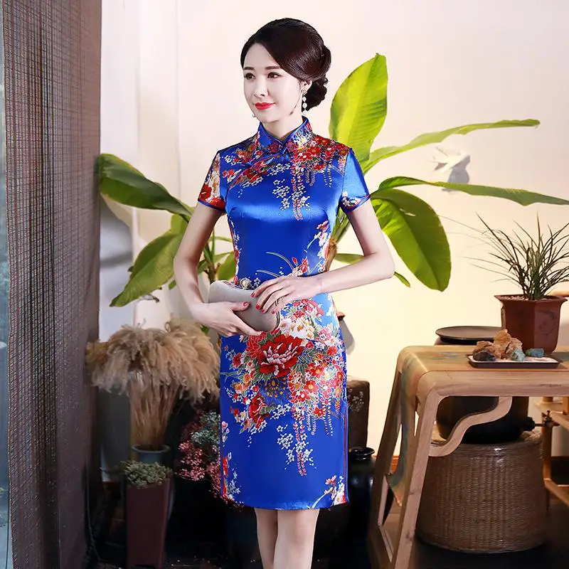 Элегантное женское атласное платье Ципао, летнее Новое тонкое платье с коротким рукавом, традиционный китайский стиль, воротник-стойка, Cheongsam Vestidos 4XL - Цвет: Style L