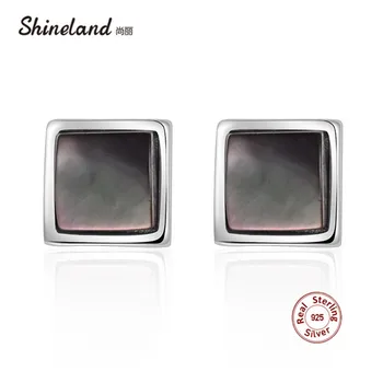 

Shineland 100% Authentic 925 Sterling Silver Natural Shell Square Stud Earrings For Women Vintage Brincos Fashion Jewelry Gift